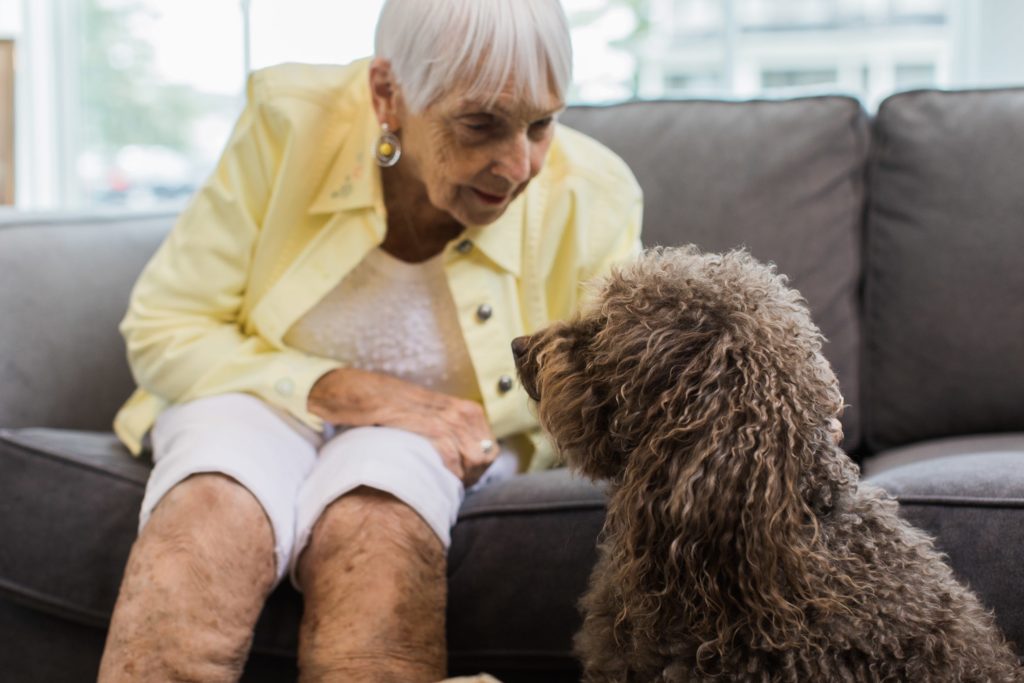 Senior Woman seated on couch speaking to a dog | Comfort Keepers Calgary | BLOG POST | Managing the Symptoms of Parkinson's Disease