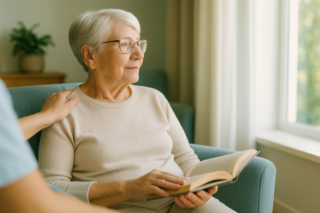 An elderly woman and her caregiver are smiling together, highlighting the trust and safety in their relationship. 