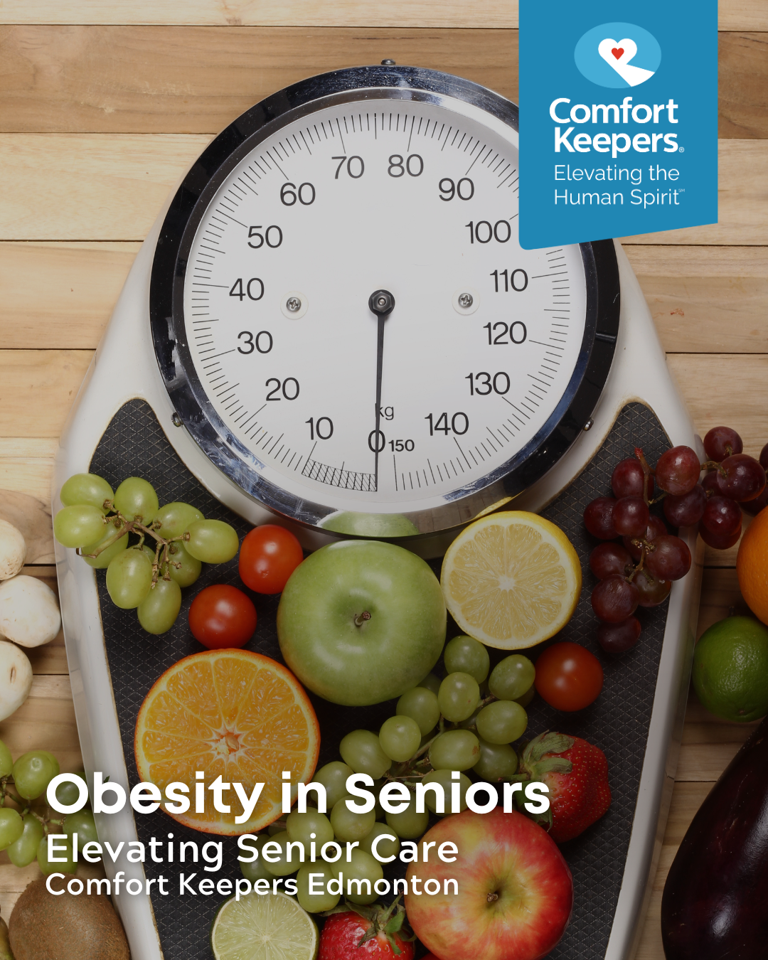A weight scale covered in fruits | Obesity in Seniors | Comfort Keepers Edmonton | BLOG POST