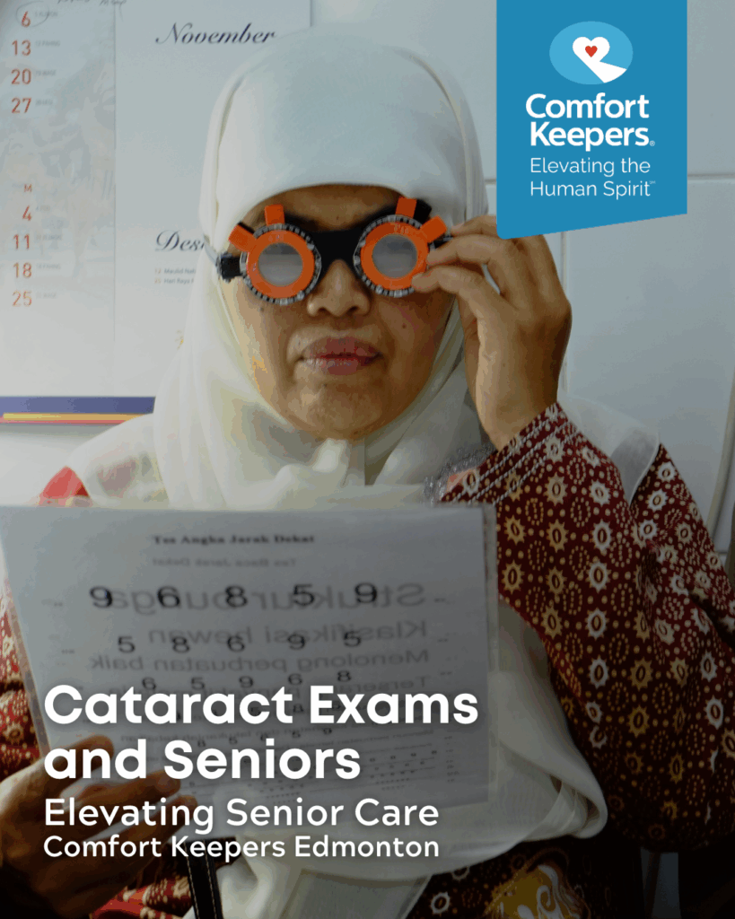 Senior woman taking an eye exam | Cataract Exams and Seniors | Comfort Keepers Edmonton | BLOG POST