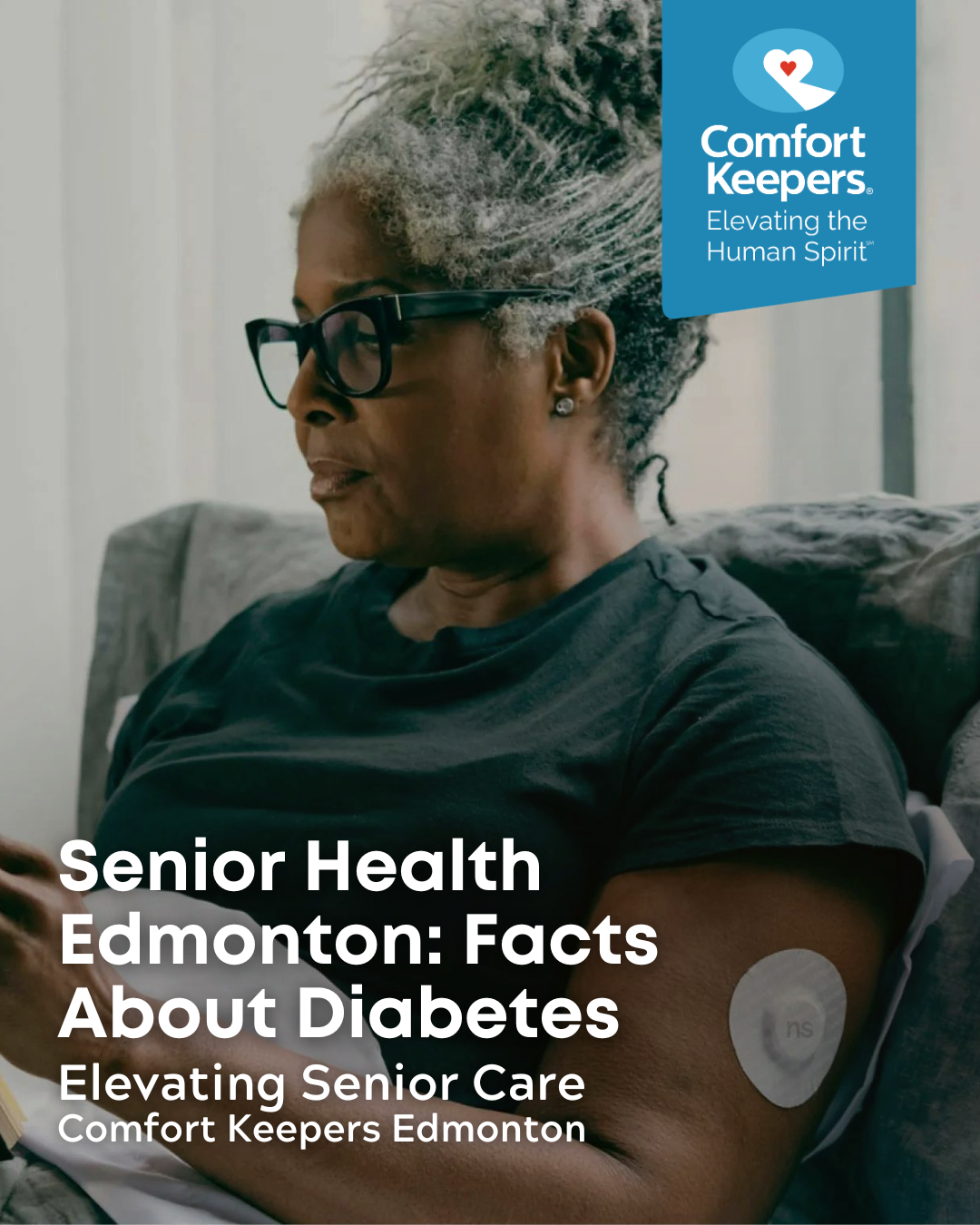 A senior woman in bed with a device for diabetics on her arm | Senior Health Edmonton: Facts About Diabetes | Comfort Keepers Edmonton | BLOG PoST