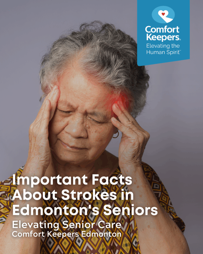 A senior woman holds her temples seemingly in pain | Important Facts About Strokes in Edmonton's Seniors | Comfort Keepers Edmonton | BLOG POST