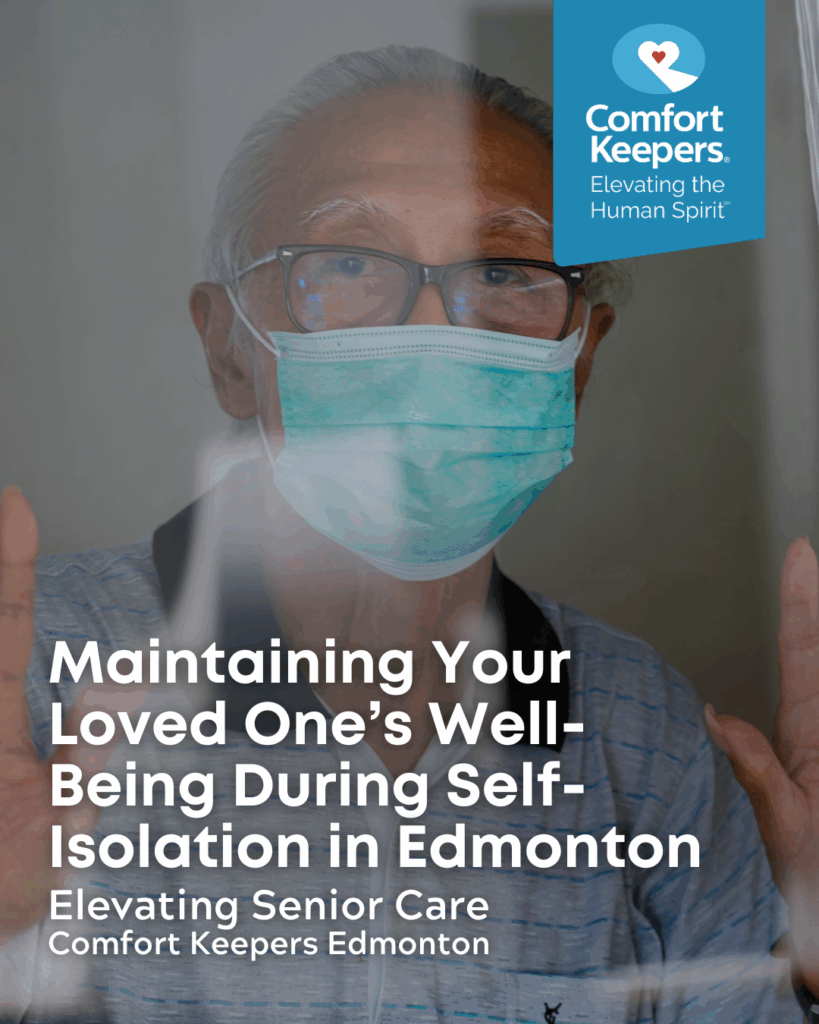A senior male wearing a mask and stood behind a pane of window glass | Maintaining Your Loved One’s Well-Being During Self-Isolation in Edmonton | Comfort Keepers Edmonton