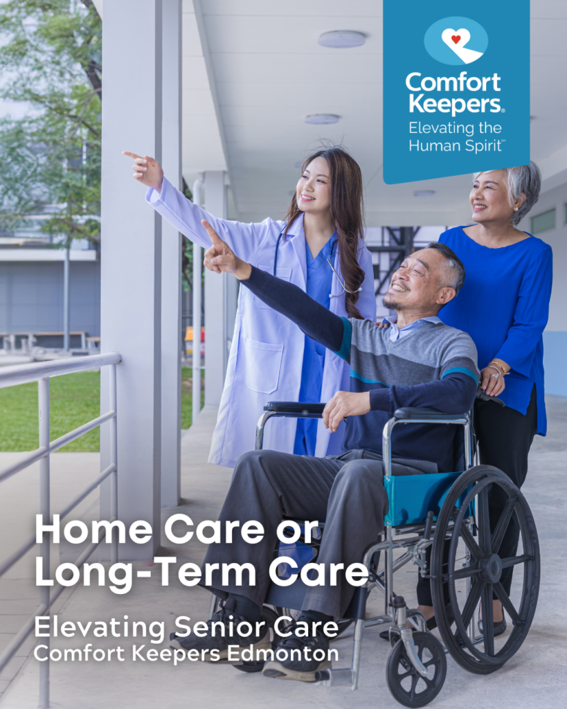 Senior in a wheelchair with doctor and caregiver | Home Care or Long-Term Care | Comfort Keepers Edmonton | BLOG POST