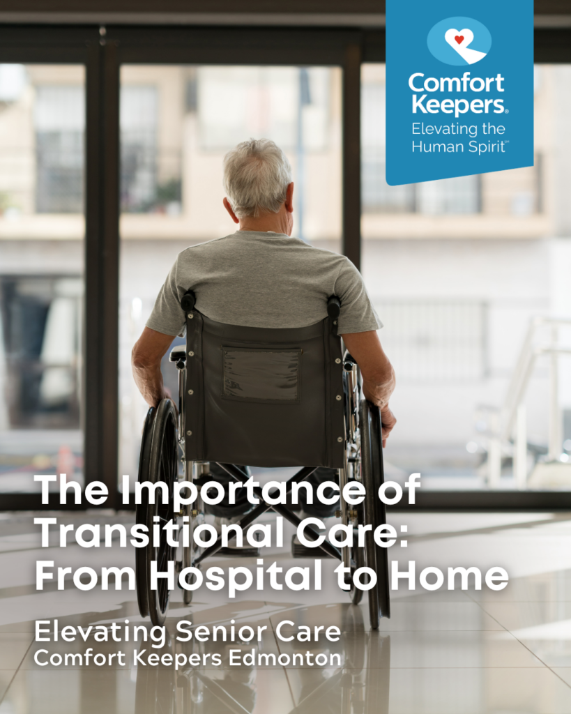 Senior male seated in wheelchair on his way out of the hospital | The Importance of Transitional Care: From Hospital to Home | Comfort Keepers Edmonton | BLOG POST