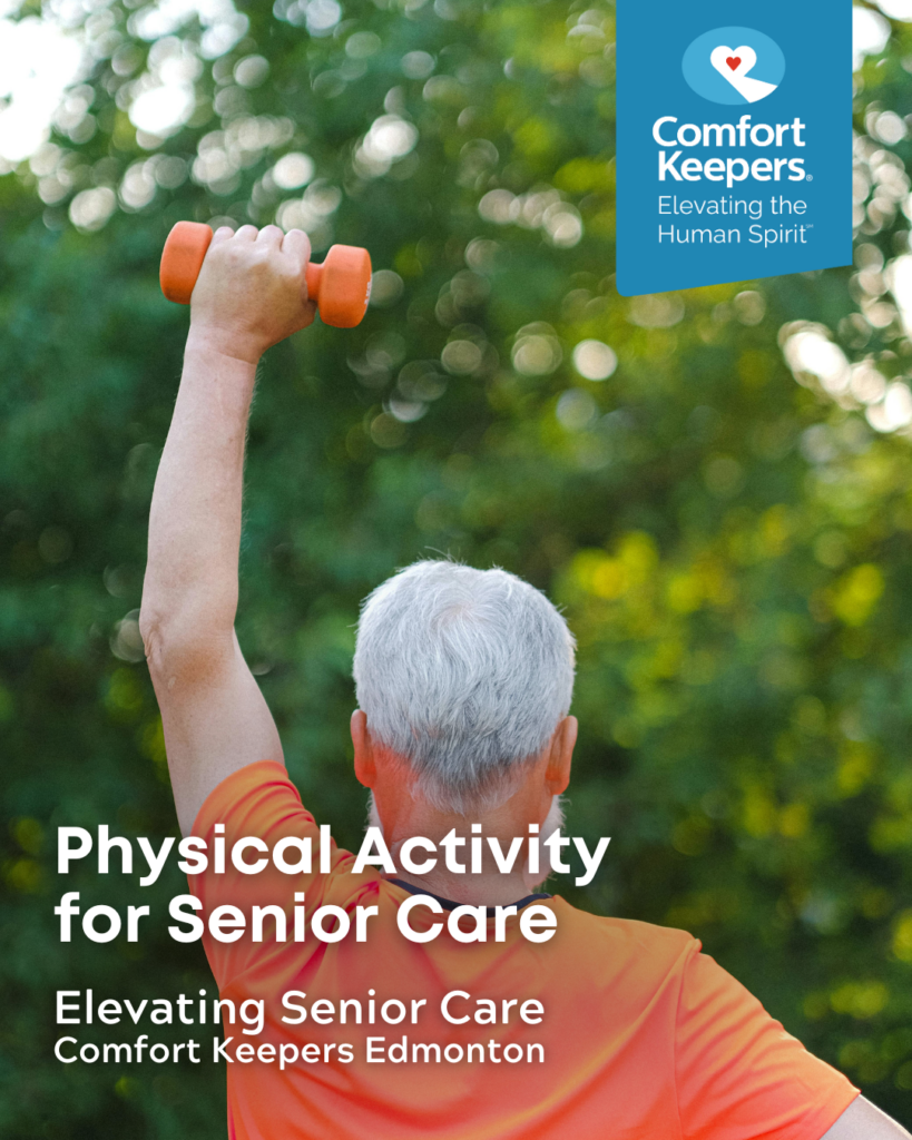 Senior male holding 2 LB weight in the air | Physical Activity for Senior Care | Comfort Keepers Edmonton | BLOG POST