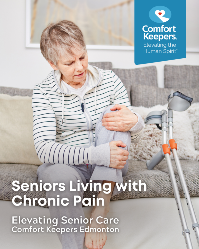 Senior woman with crutches hold knee | Seniors Living With Chronic Pain | Comfort Keepers Edmonton | BLOG POST