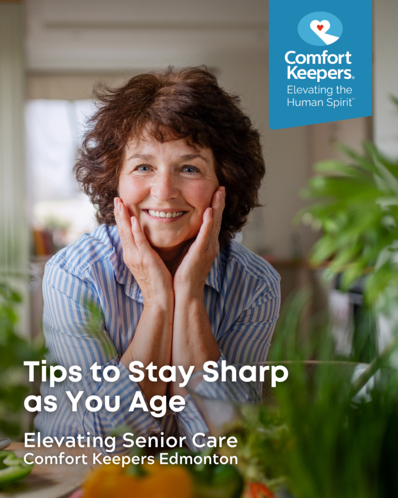 Senior woman smiling surrounded by fresh greenery | Tips to Stay Sharp as You Age | Comfort Keepers Edmonton | BLOG POST