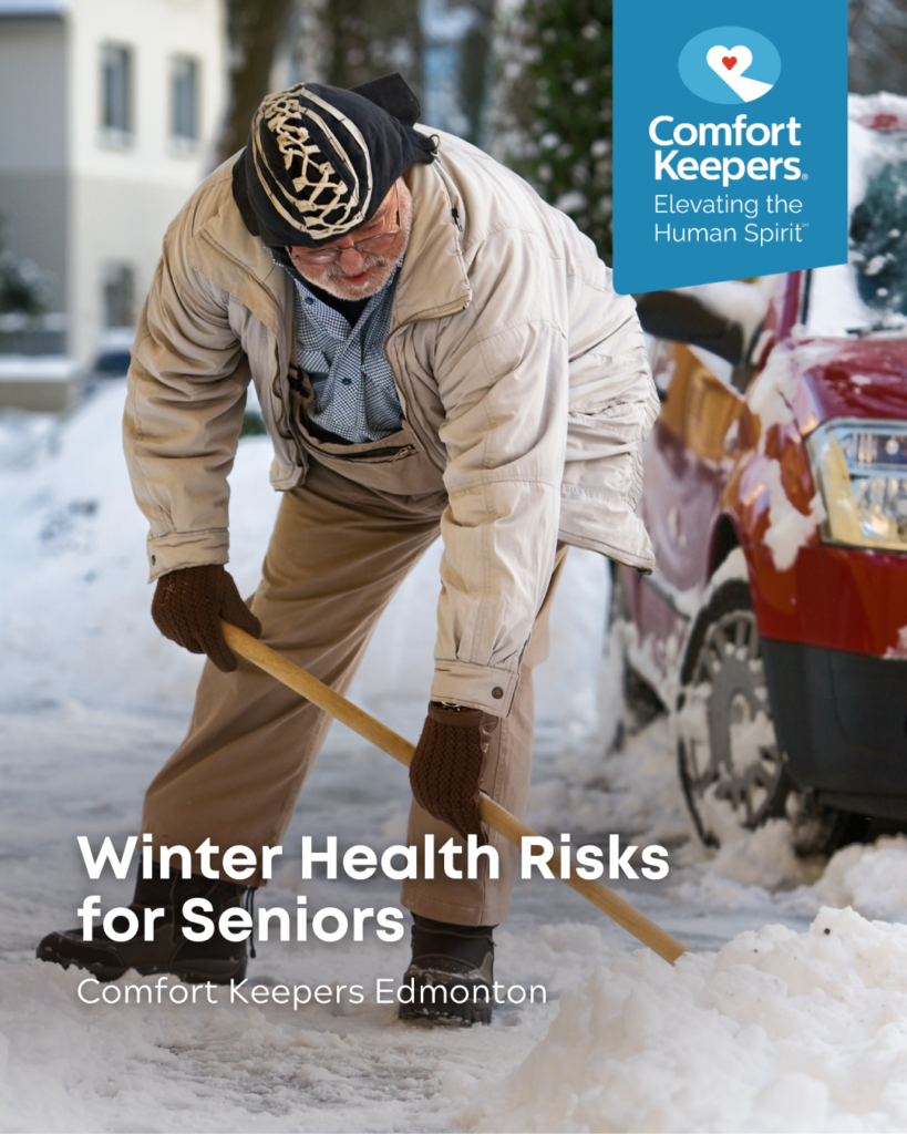 Senior male shoveling snow | Winter Health Risks for Seniors | Comfort Keepers Edmonton | BLOG POST