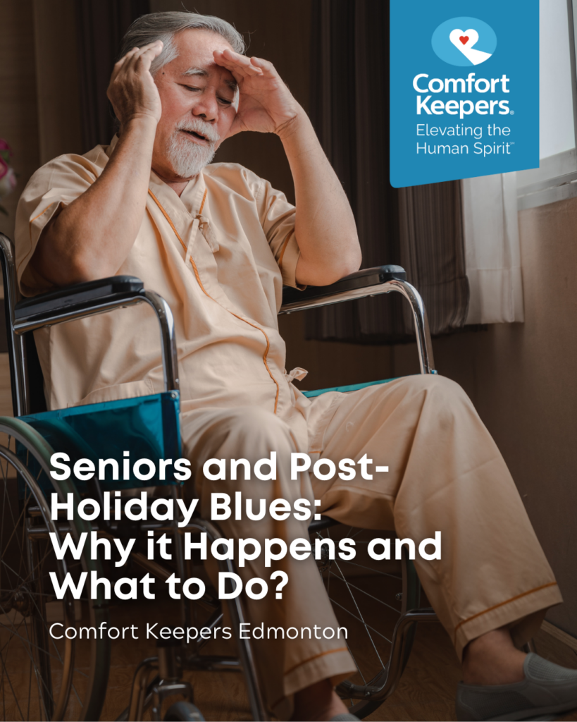 Senior male seated in wheelchair with hands to head | Seniors and Post-Holiday Blues: Why it Happens and What to Do? | Comfort Keepers Edmonton | BLOG POST