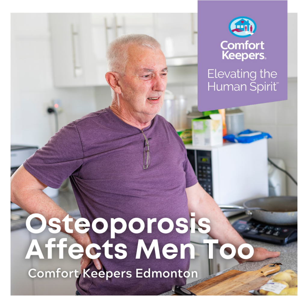 Senior male holding hand on lower back | Osteoporosis Affects Men | BLOG POST | Comfort Keepers Edmonton