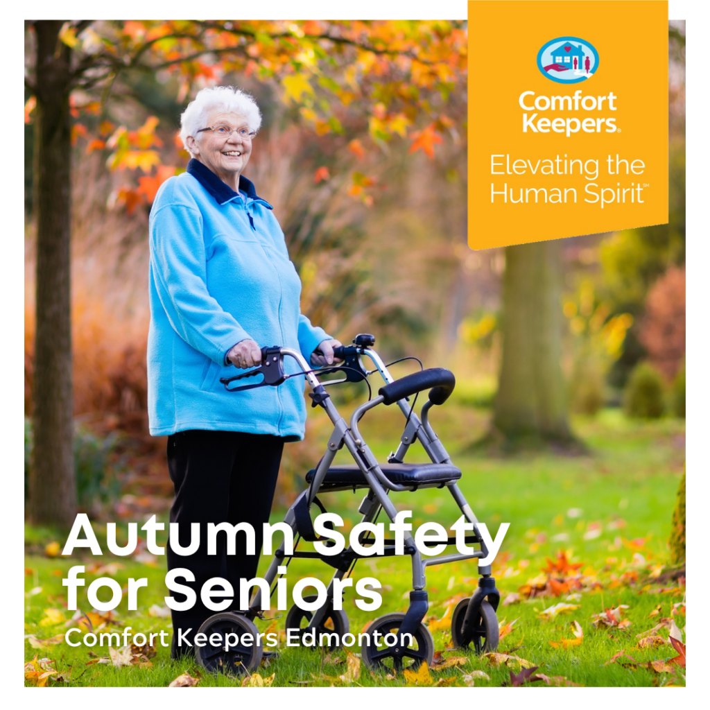 Autumn Safety for Seniors | Comfort Keepers Edmonton| Female Senior Outside with Waker during autumn