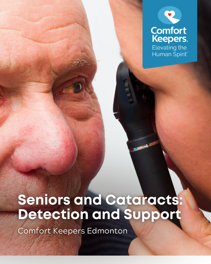Senior make receiving an eye exam from physician | Seniors and Cataracts: Detection and Support | Comfort Keepers Edmonton | BLOG POST