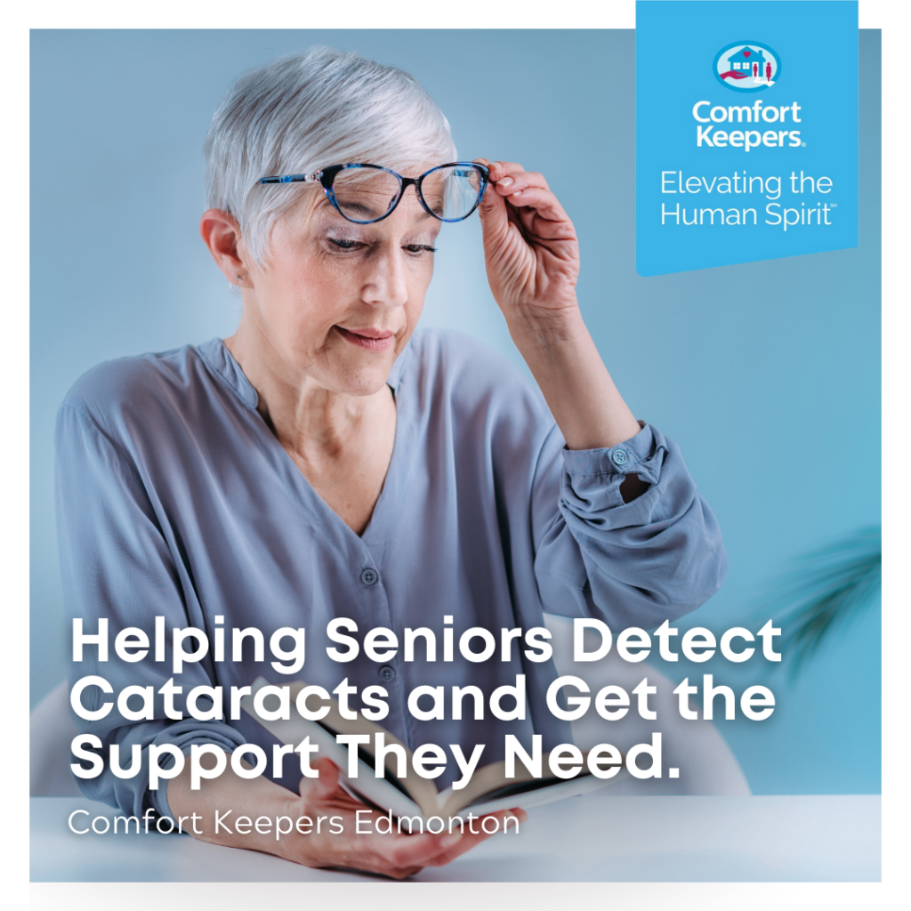 Senior women lifting glasses trying to read | Seniors and Cataracts | Comfort Keepers Edmonton | BLOG POST