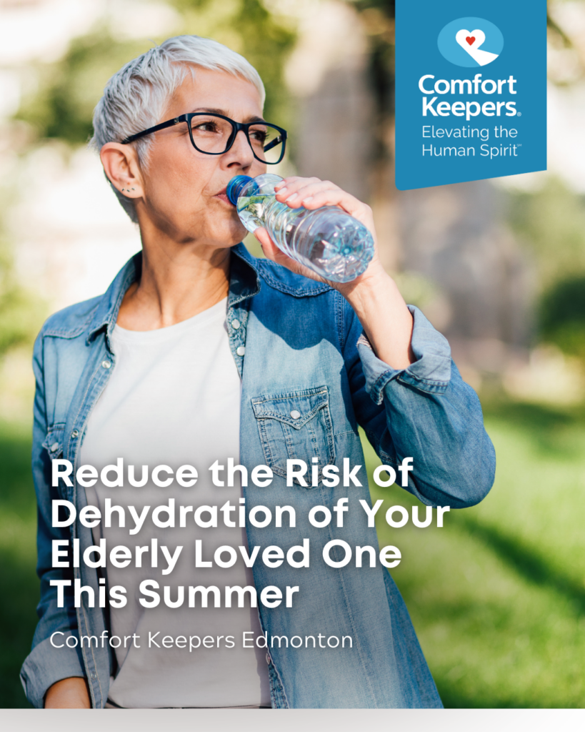 Senior woman drinking a bottle of water | Reduce the Risk of Dehydration of Your Elderly Loved One This Summer | Comfort Keepers Edmonton | BLOG POST