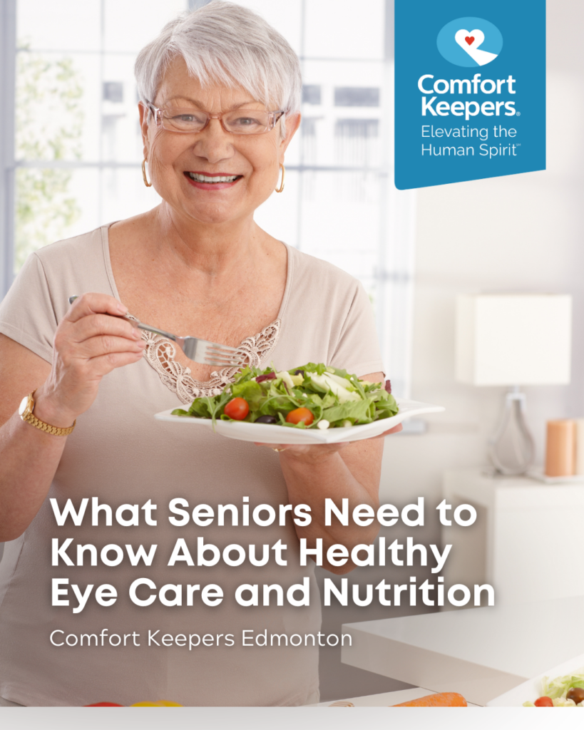Senior woman eating a plate of healthy food | What Seniors Need to Know About Eye Care and Nutrition | Comfort Keepers Edmonton | BLOG POST