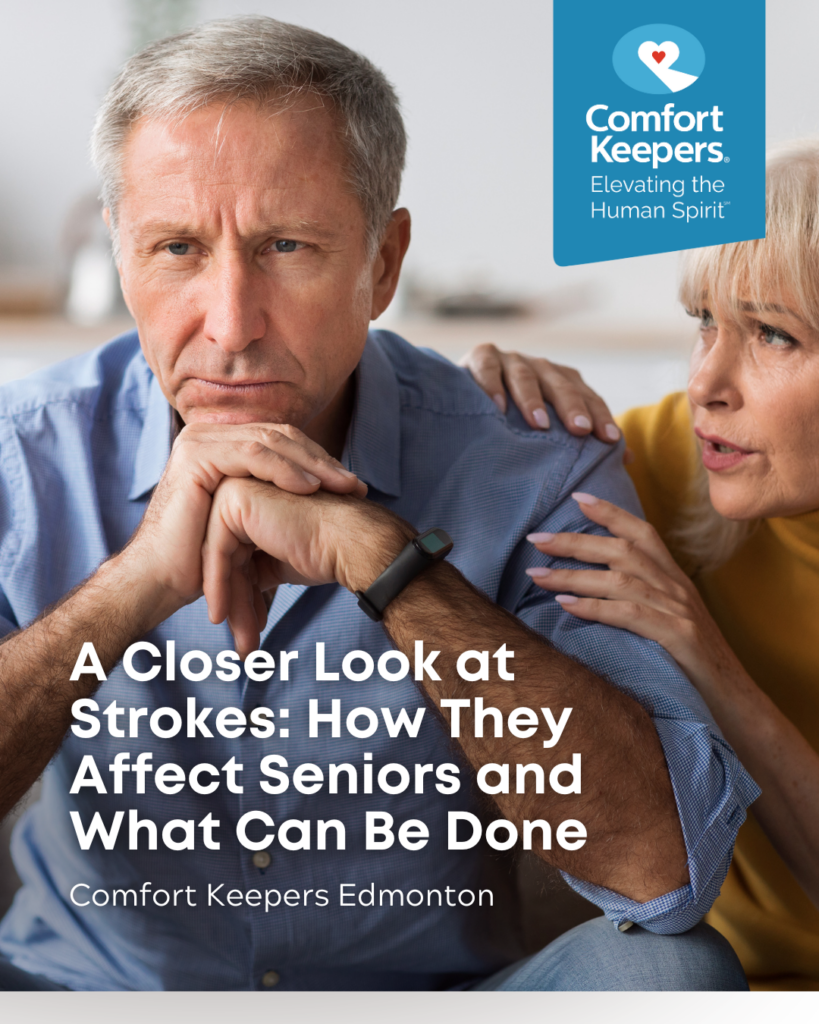 Senior couple seated on couch in discussion | A Closer Look At Strokes: How They Affect Seniors and What Can be Done | Comfort Keepers Edmonton | BLOG POST