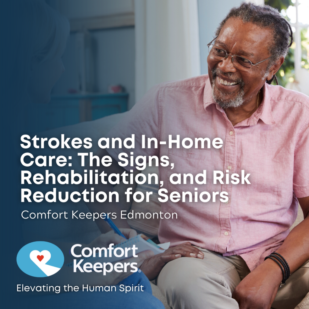 Senior smiling and seated on couch | Strokes and In-Home Care - The Signs, Rehabilitation and Risk Reduction for Seniors - Comfort Keepers Edmonton - BLOG POST
