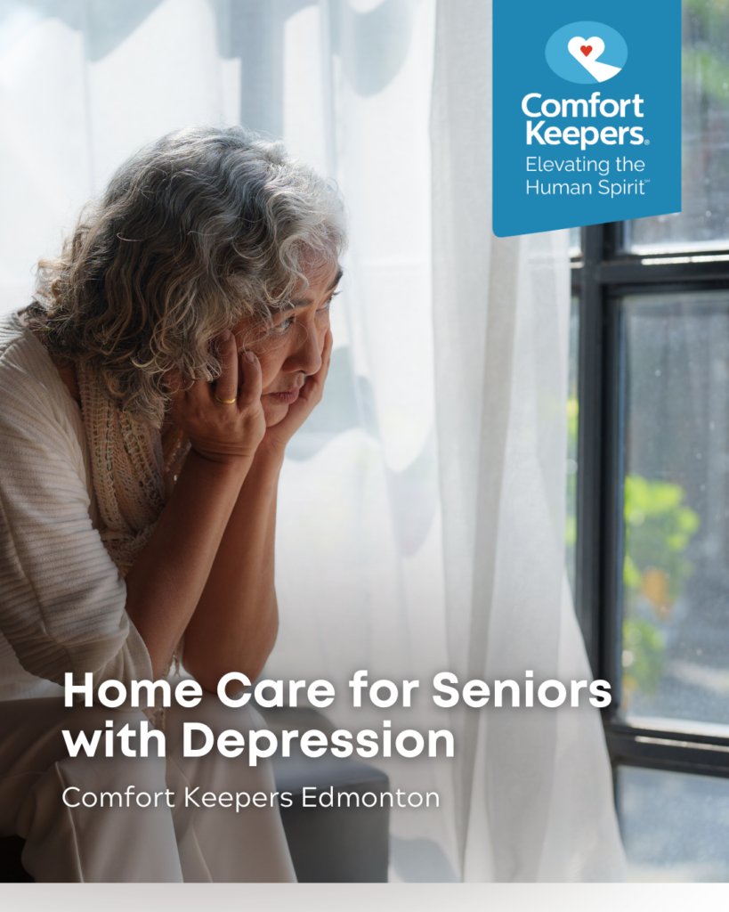 Senior woman, seemingly depressed, looks out window | Home Care for Seniors with Depression | Comfort Keepers Edmonton | BLOG POST