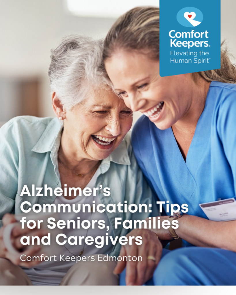 Senior woman laughing with caregiver | Alzheimer's Communication: Tips for Seniors, Families and Caregivers | Comfort Keepers Edmonton | BLOG POST