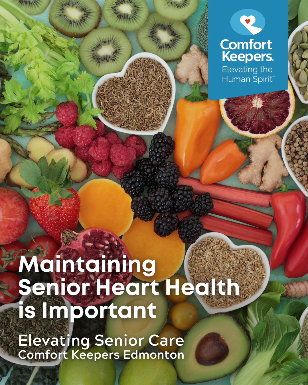 A display of healthy fruits, vegetables and seeds in heart-shaped bowls | Maintaining Senior Heart Health is Important | Comfort Keepers Edmonton | BLOG POST