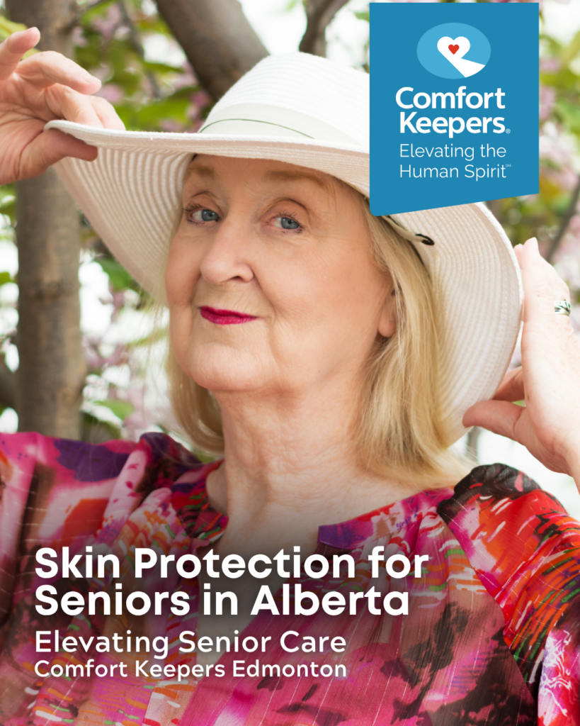 Senior woman wearing a large brimmed hat outside | Comfort Keepers Edmonton | Skin Protection for Seniors in Alberta | BLOG POST