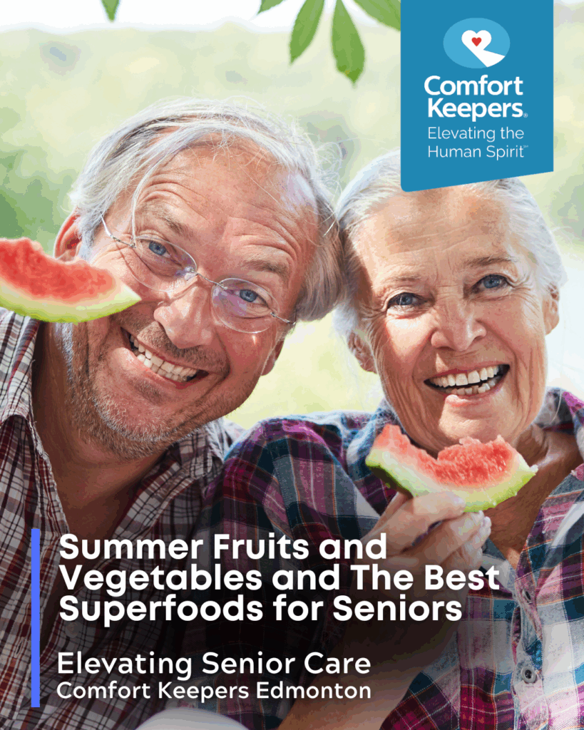 Senior couple enjoying watermelon outside | Comfort Keepers Edmonton | Summer Fruits and Vegetables and the Best Superfoods for Seniors | BLOG POST
