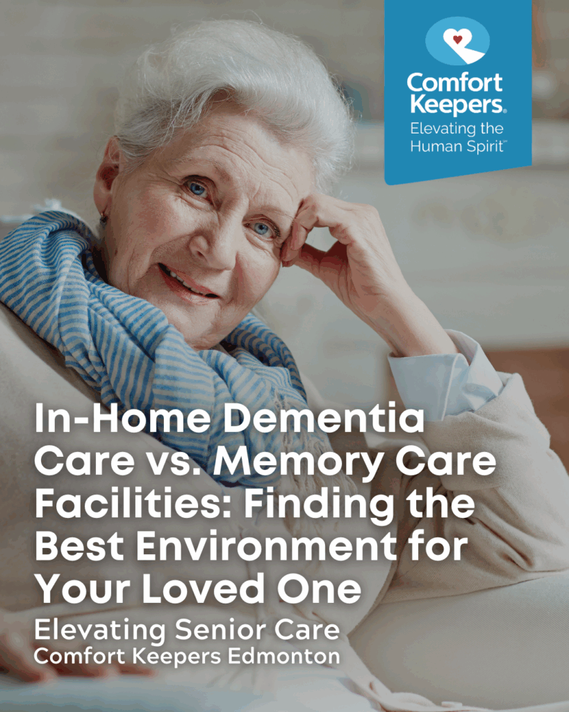 Senior woman with head resting on hand, smiling | Comfort Keepers Edmonton | In-Home Dementia Care vs. Memory Care Facilities: Finding the Best Environment for Your Loved One | BLOG POST