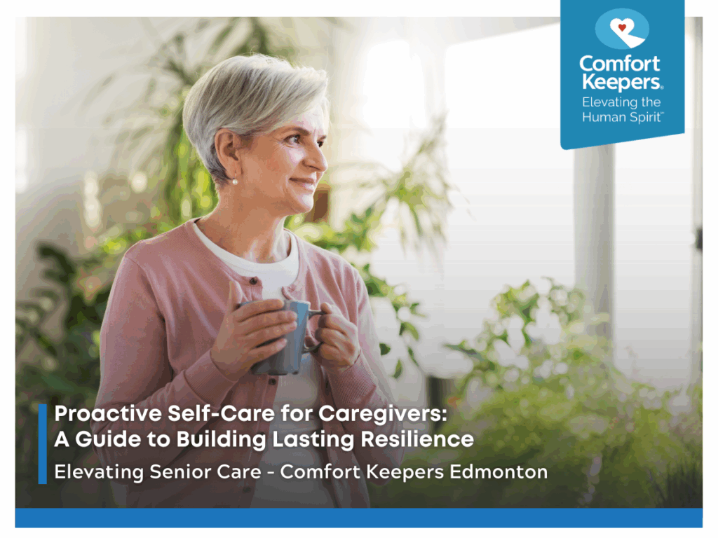 A senior woman holds a cup of coffee and looks out the window | Caregiver Self-Care: Proactive Strategies to Build Resilience and Prevent Burnout | Comfort Keepers Edmonton