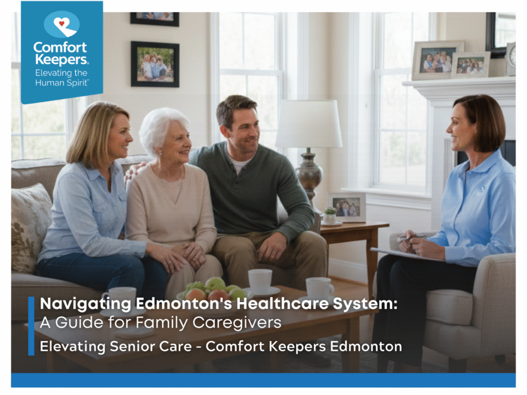 A senior and her family sit and speak with a Comfort Keepers Caregiver | Navigating Edmonton's Healthcare System Guide for Family Caregivers | Comfort Keepers Edmonton