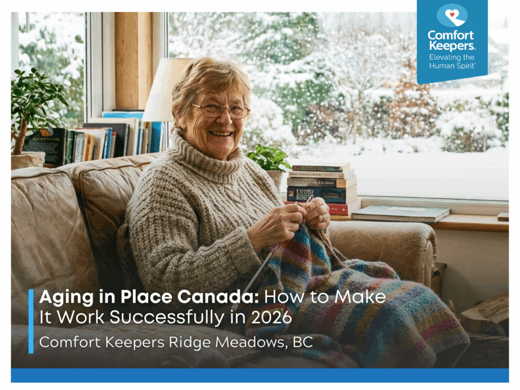 Senor woman sitting on couch knitting | Aging in Place: How to Male It Work Successfully in 2026 | Comfort Keepers Ridge Meadows