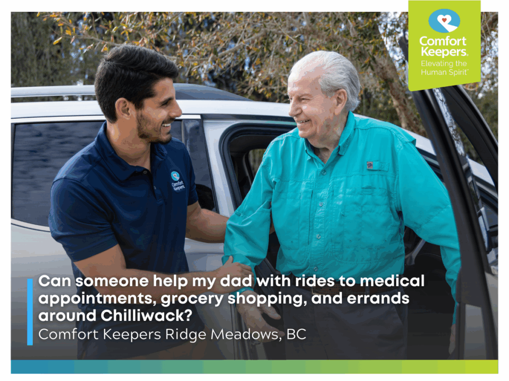 A senior male being assisted out of a vehicle by a caregiver | Can someone help my dad with rides to medical appointments, grocery shopping, and errands around Chilliwack? | Comfort Keepers Ridge Meadows