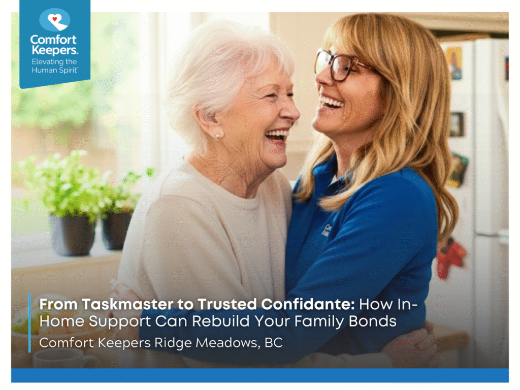 A senior woman and her caregiver embrace while laughing | From Taskmaster to Trusted Confidante: How In-Home Support Can Rebuild Your Family Bonds | Comfort Keepers Ridge Meadows