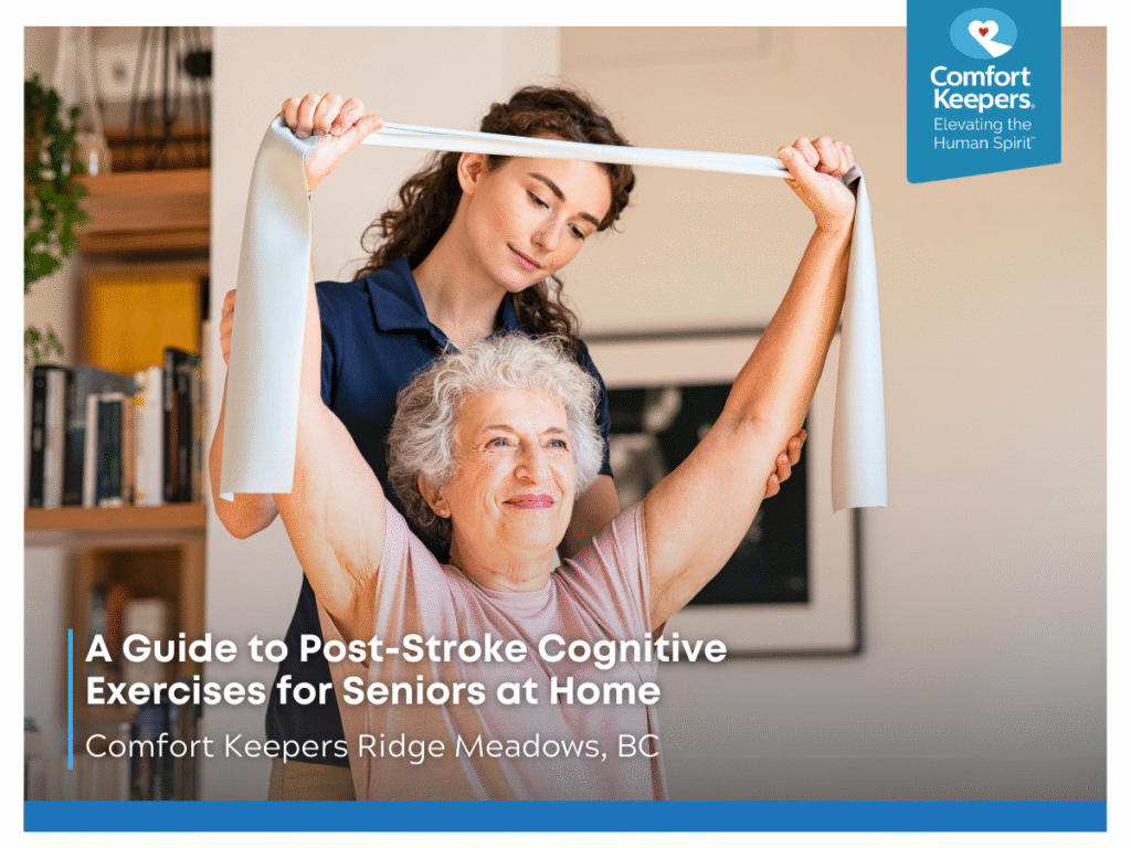 A senior woman exercises with the support of her caregiver | A Guide to Post-Stroke Cognitive Exercises for Seniors at Home | Comfort Keepers Ridge Meadows