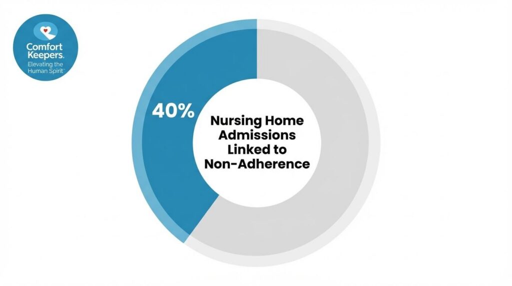 A pie charts illustration of Nursing Home Admissions Linked to Non-Adherence - 40% | What is the Importance of Medication Management for Seniors? | Comfort Keepers Ridge Meadows