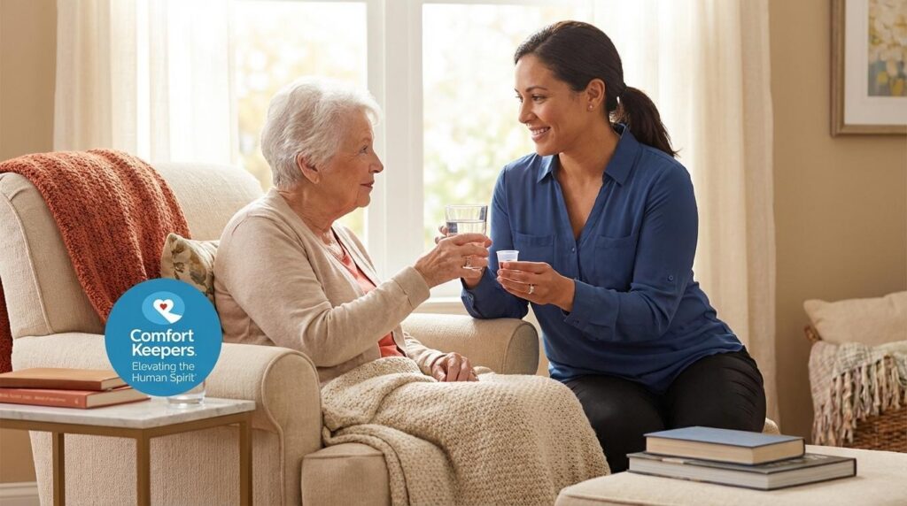 A senior woman is passed a cup of water with her medication from her caregiver | What is the Importance of Medication Management for Seniors | Comfort Keepers Ridge Meadows