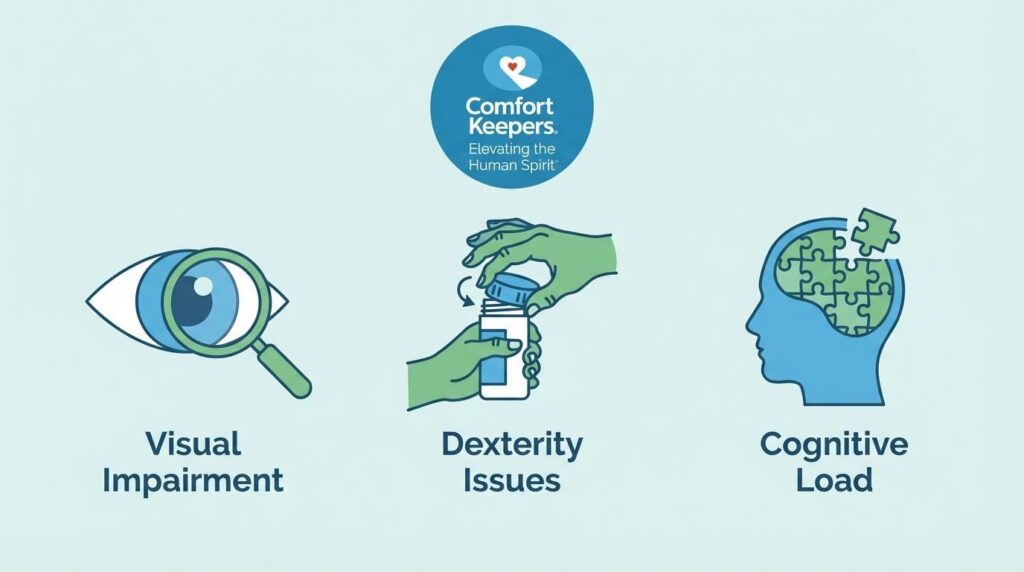 Comfort Keepers Infographic for medication Management | Visual Impairment, Dexterity Issues, Cognitive Load | What is the Importance of Medication Management for Seniors | Comfort Keepers Ridge Meadows