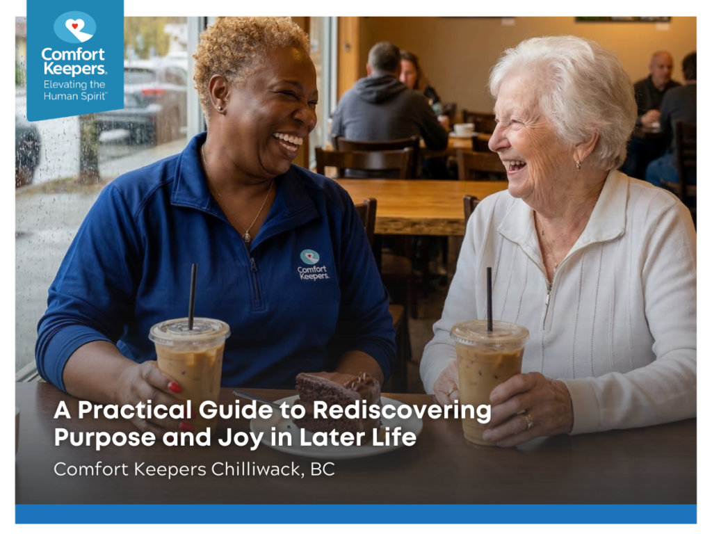 A senior enjoys an iced coffee with her caregiver | A Practical Guide to Purposeful Living | Comfort Keepers Chilliwack