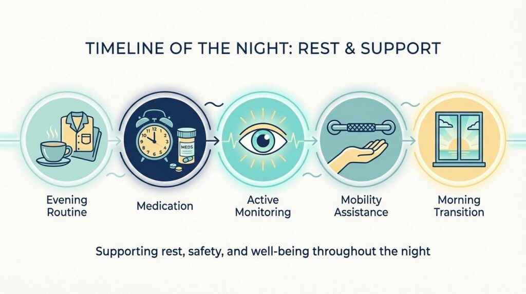 Infographic illustrating the Timeline of the Night: Rest & Support | Overnight Home Care for Seniors: What Happens While Your Family Sleeps | Comfort Keepers Chilliwack