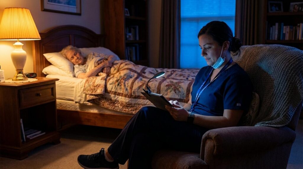 A senior sleeps in bed while her caregiver sits in a chair | Overnight Home Care for Seniors | Comfort Keeper Chilliwack
