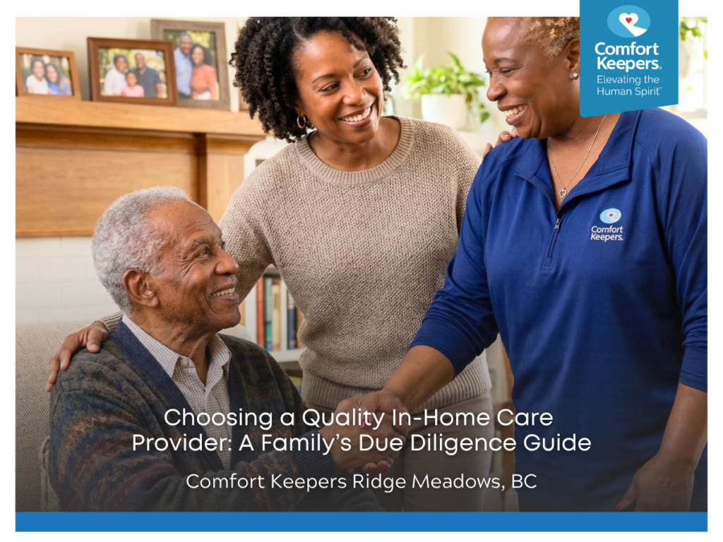 A senior man and his daughter talk with a Comfort Keepers' caregiver | Comfort Keepers Ridge Meadows