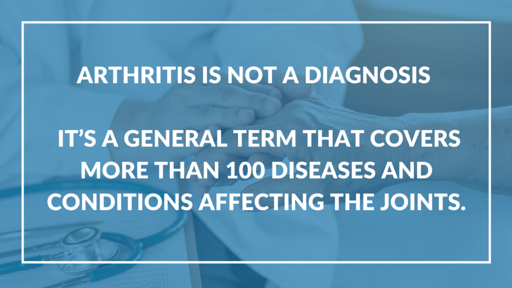 Arthritis is not a diagnosis. It's a general term that covers more than 100 diseases and conditions affecting the joints. Background image shows a doctor holding a senior's hand.
