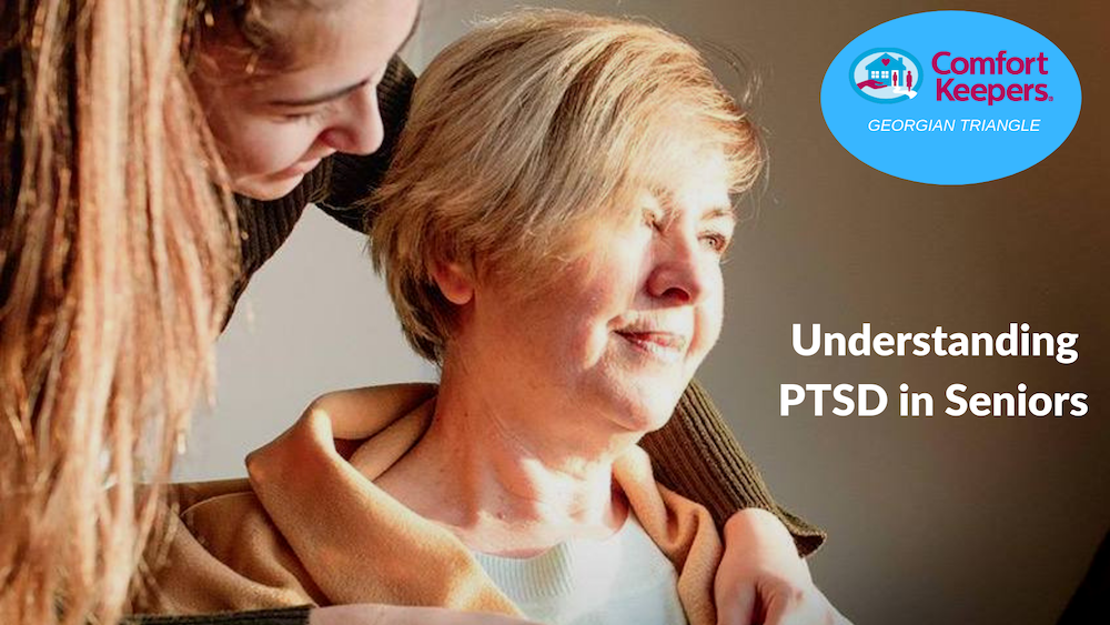 Senior woman seated with caregiver embracing her shoulders | Comfort Keepers Georgian Triangle | PTSD in Seniors | BLOG POST
