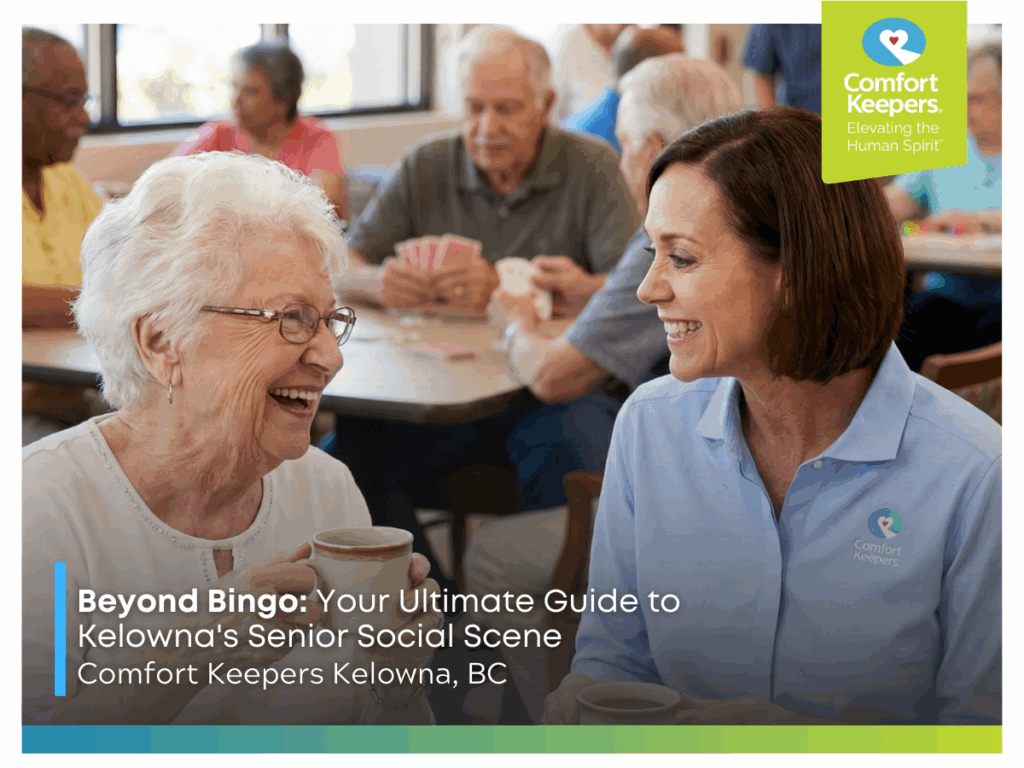 A senior woman socializing with her caregiver in a public space | Senior Social Activities in Kelowna | Comfort Keepers Kelowna