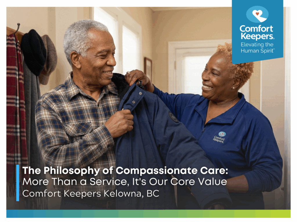 A caregiver assists a male senior with his jacket | The Philosophy of Compassionate Care: Core Values in Action | Comfort Keepers Kelowna