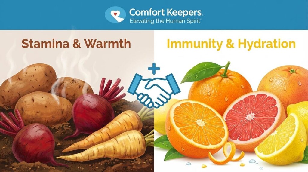 A graphic that shows that when foods that provide warmth and stamina are paired with immunity & hydration boosting foods | The Best Fruits & Vegetables for Seniors | Comfort Keepers Kelowna