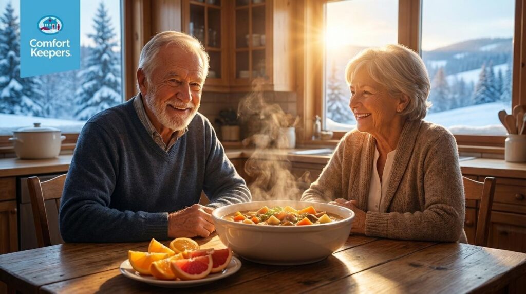 A senior couple sits at a kitchen table with a bowl of healthy stew and a plate of citrus | The Best Fruits & Vegetables for Seniors | Comfort Keepers Kelowna
