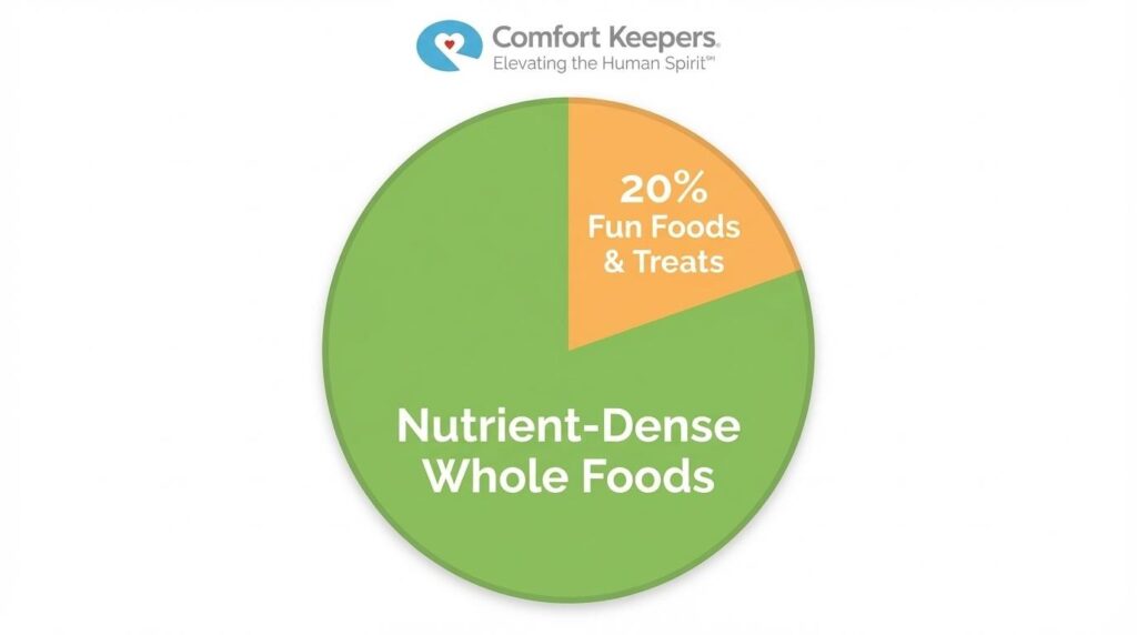 Pie chart that features 80% of one's diet should be nutrient-dense whole foods, while 20% for fun foods & treats | The Best Fruits & Vegetables for Seniors | Comfort Keepers Kelowna
