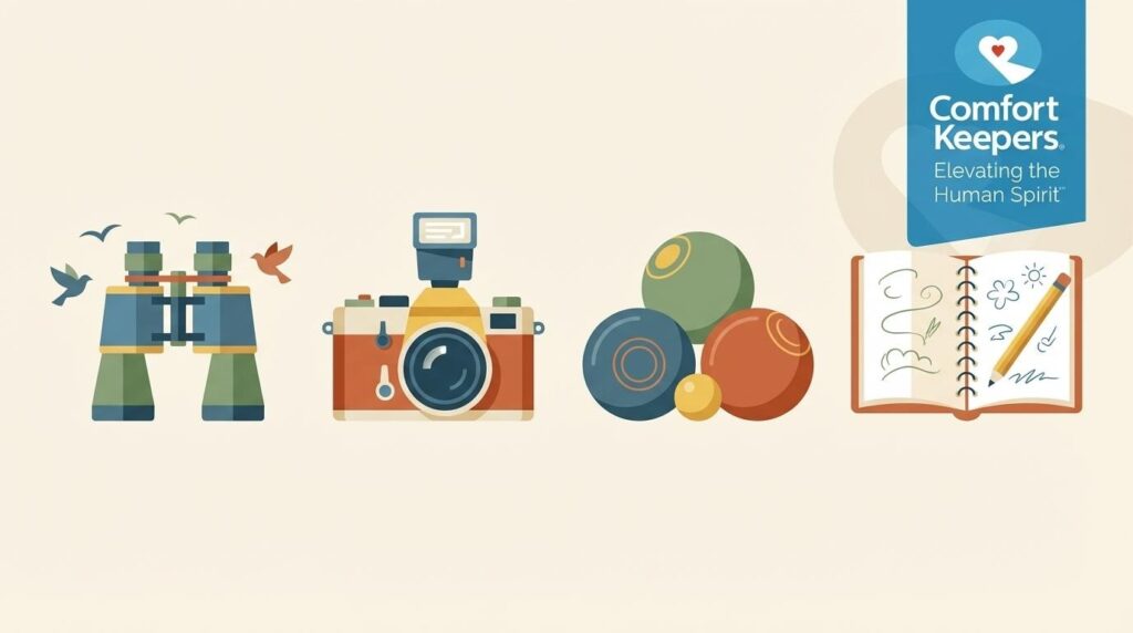 Illustration of binoculars, a camera, bocce balls, and a journal | Free & Inexpensive Activities for Seniors in Kelowna | Comfort Keepers Kelowna