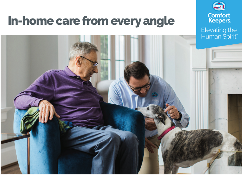 Caregiver with senior and pet in the home